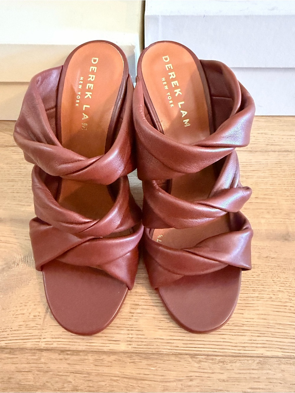 Derek Lam Braided Strap Leather Heeled Slides — Rust Brown